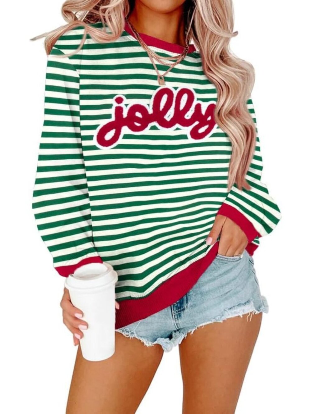 Festive Jolly Glitter Patch Striped Christmas Sweatshirt for Women - Cozy